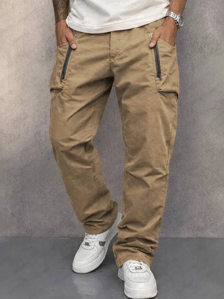 Khaki Men's Cargo Pants with Zip Pockets & Relaxed Comfort Fit — Milo - Front Pose
