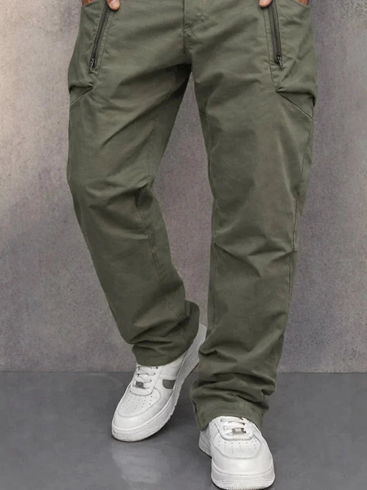 Olive Green Men's Cargo Pants with Zip Pockets & Relaxed Comfort Fit — Milo - Close Up Front