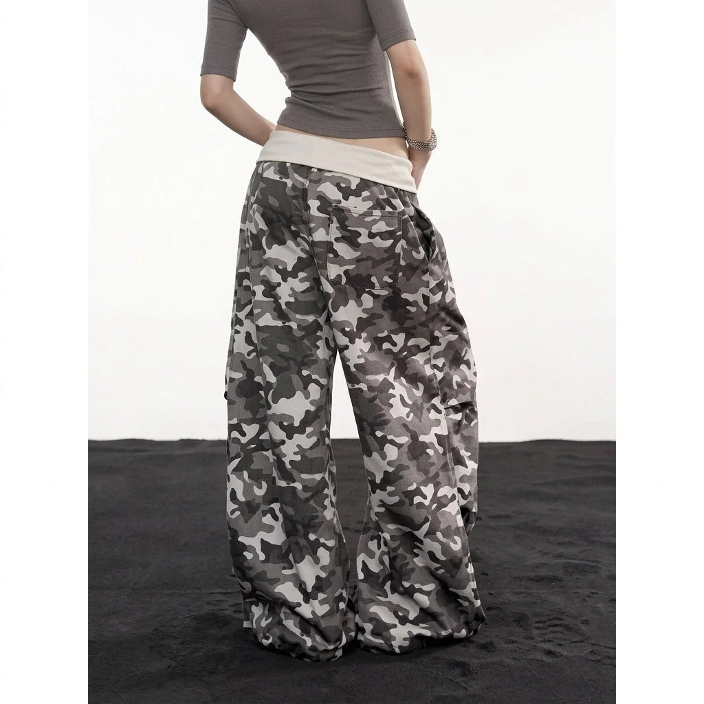 Women's Camo Cargo Pants with Rhinestone Detail & Drawstring Waist - Green Back Full