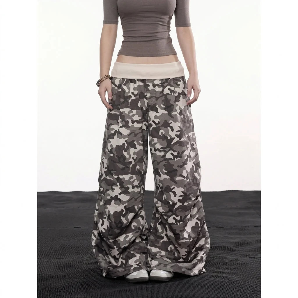 Women's Camo Cargo Pants with Rhinestone Detail & Drawstring Waist - Green Front Closeup