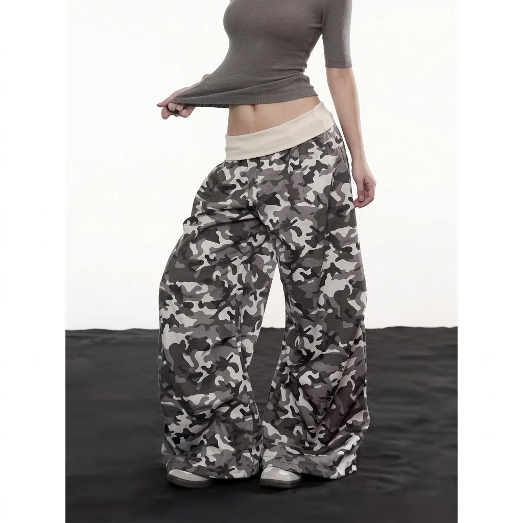 Army Green Women's Camo Cargo Pants with Rhinestone Detail & Drawstring Waist