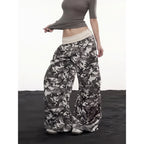 Army Green Women's Camo Cargo Pants with Rhinestone Detail & Drawstring Waist