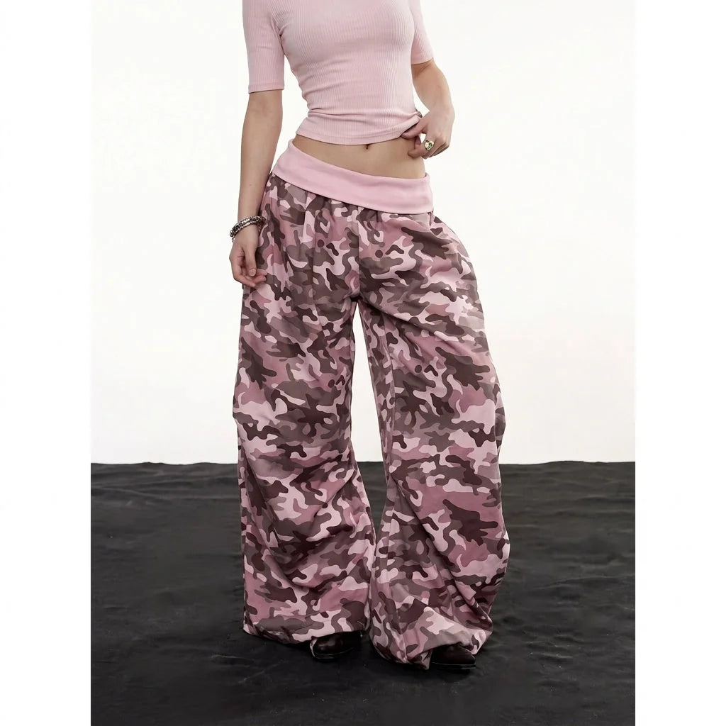 Pink Women's Camo Cargo Pants with Rhinestone Detail & Drawstring Waist
