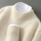 Beige Women's Cashmere Sweater with Ribbed Crew Neck & Relaxed Long Sleeves