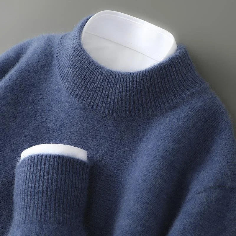 Flowers Blue Women's Cashmere Sweater with Ribbed Crew Neck & Relaxed Long Sleeves - Sleeve Cuff Detail