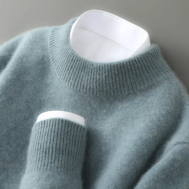 Grey Green Women's Cashmere Sweater with Ribbed Crew Neck & Relaxed Long Sleeves - Flat Lay Detail