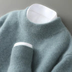 Grey Green Women's Cashmere Sweater with Ribbed Crew Neck & Relaxed Long Sleeves - Flat Lay Detail