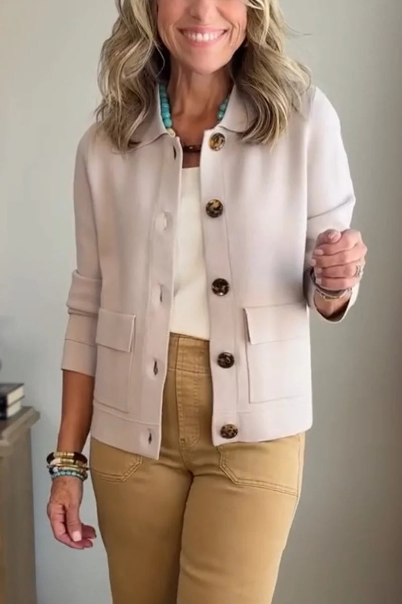Beige Women's Casual Blazer with Relaxed Fit & Patch Pockets — Lucy - Cropped Front View