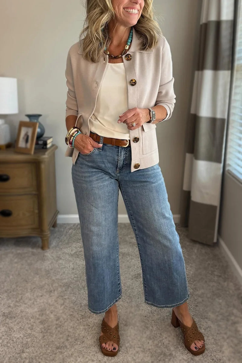 Beige Women's Casual Blazer with Relaxed Fit & Patch Pockets — Lucy - Front Full Outfit