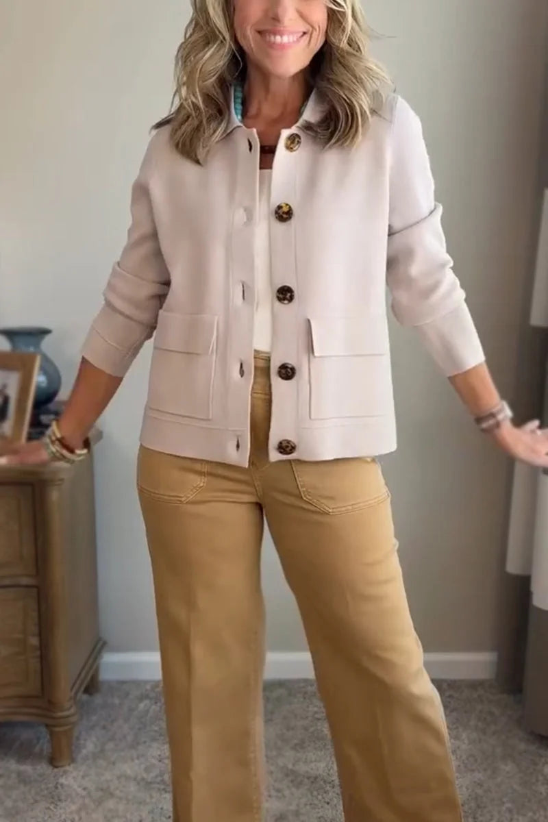 Beige Women's Casual Blazer with Relaxed Fit & Patch Pockets — Lucy - Full Body Arms Out