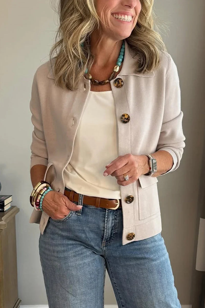 Beige Women's Casual Blazer with Relaxed Fit & Patch Pockets — Lucy