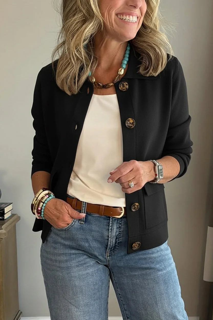 Black Women's Casual Blazer with Relaxed Fit & Patch Pockets — Lucy