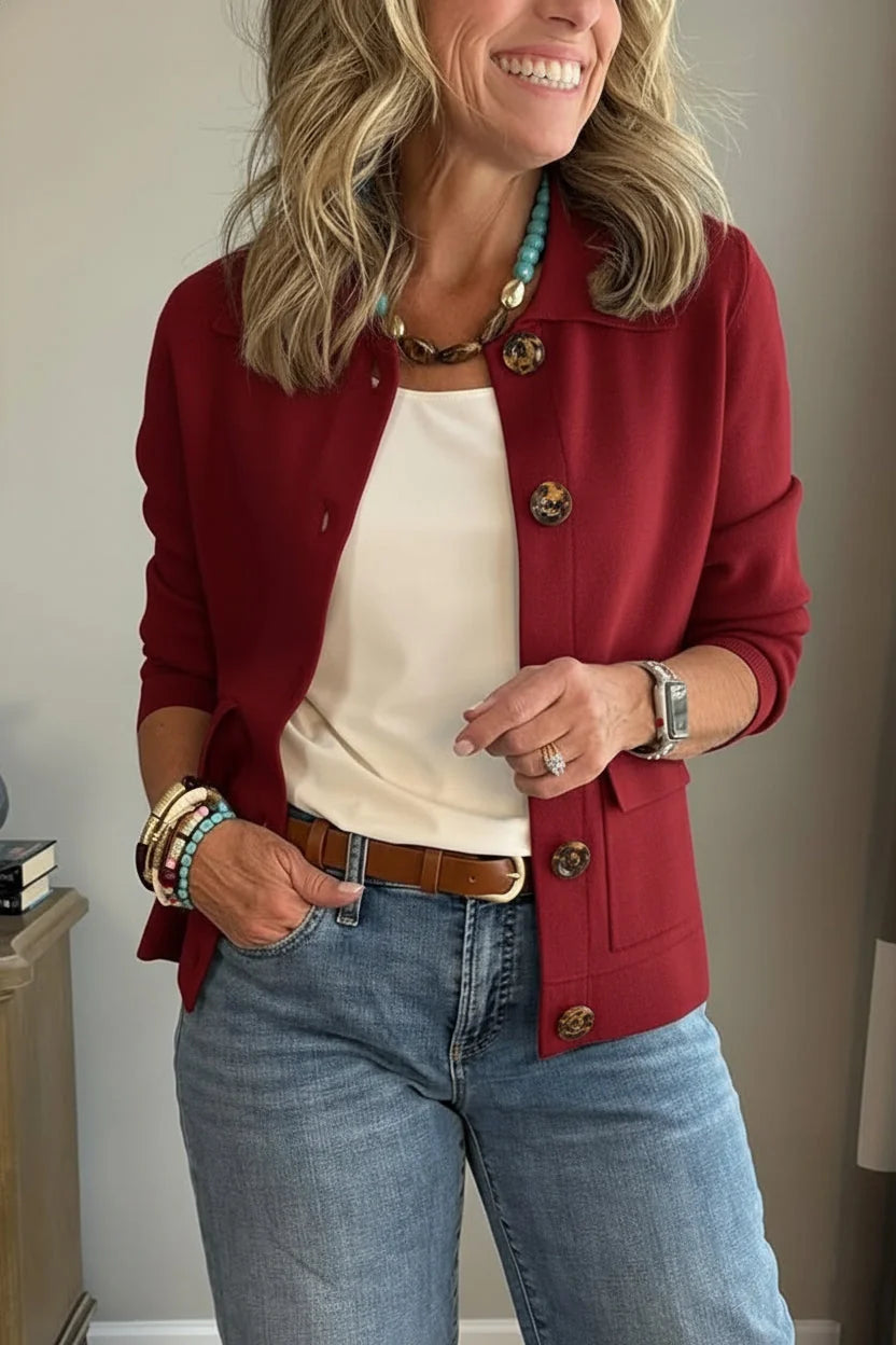 Wine Women's Casual Blazer with Relaxed Fit & Patch Pockets — Lucy
