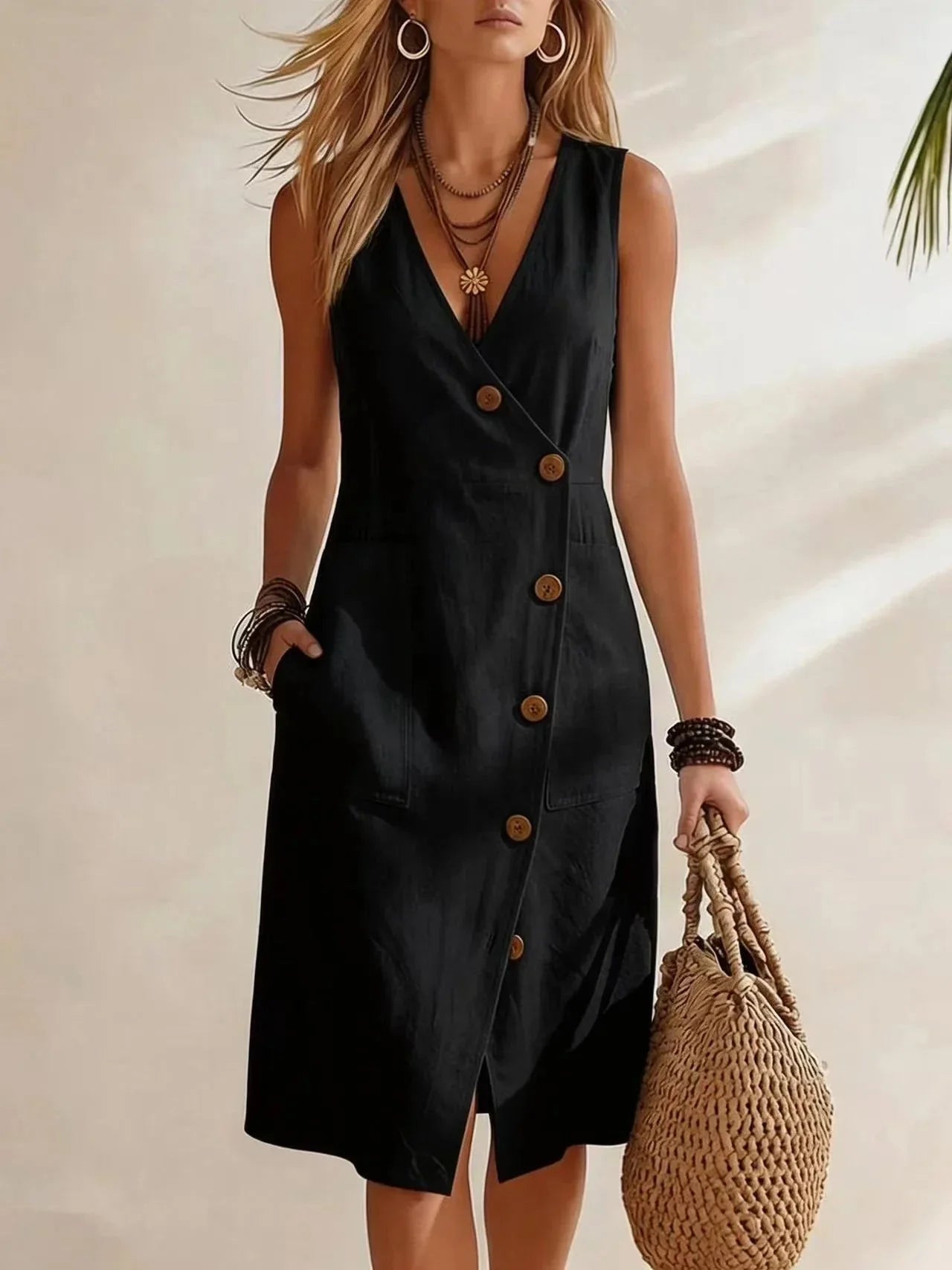 Black Women's Casual Pocket Midi Dress — Romy Everyday Button-Front Wrap - Front Closeup