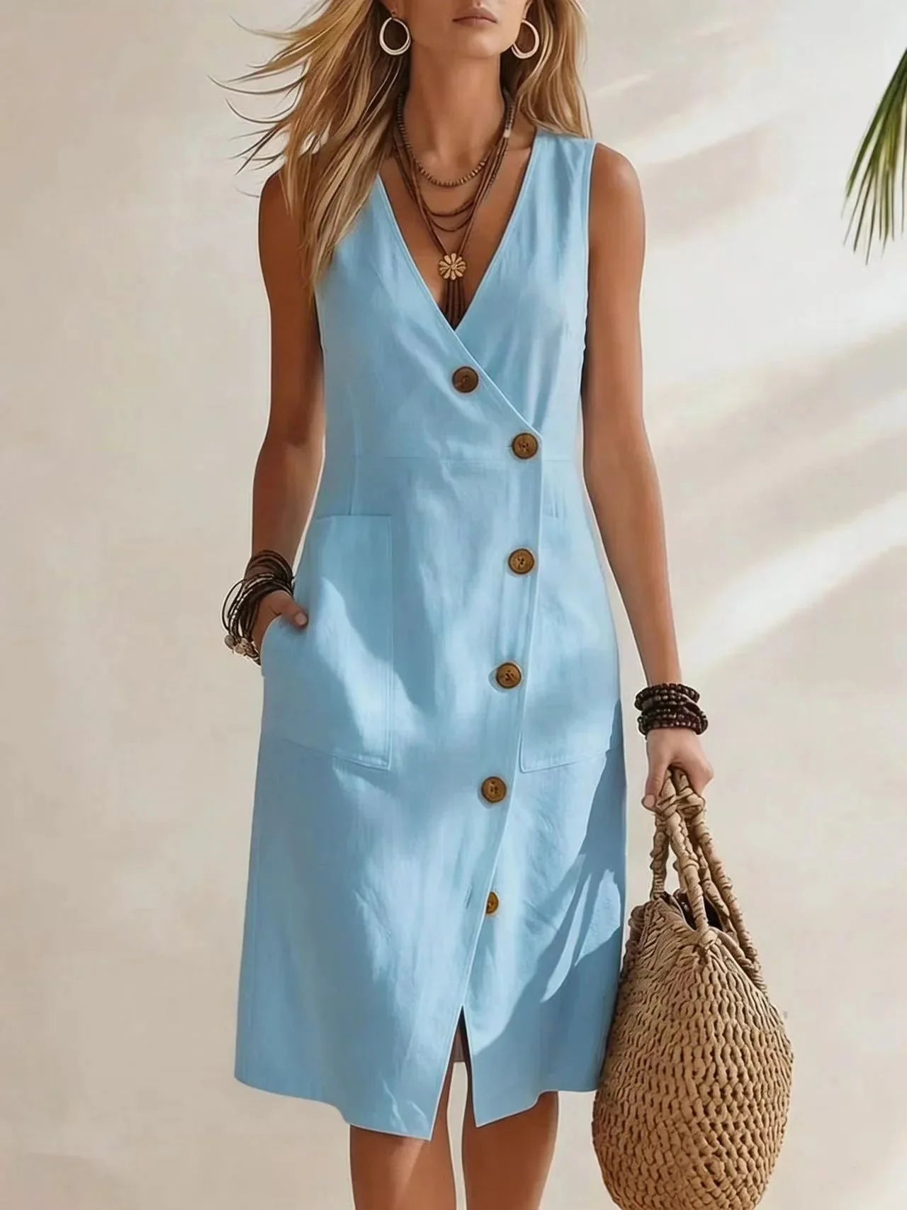 Light Blue Women's Casual Pocket Midi Dress — Romy Everyday Button-Front Wrap - Front Pose