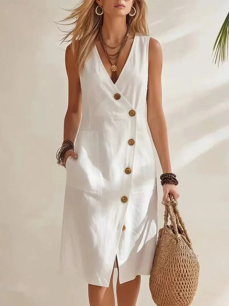 White Women's Casual Pocket Midi Dress — Romy Everyday Button-Front Wrap - Front Studio