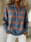 Women's Check Knit Blouse with Button Front & Relaxed Fit — Sophie