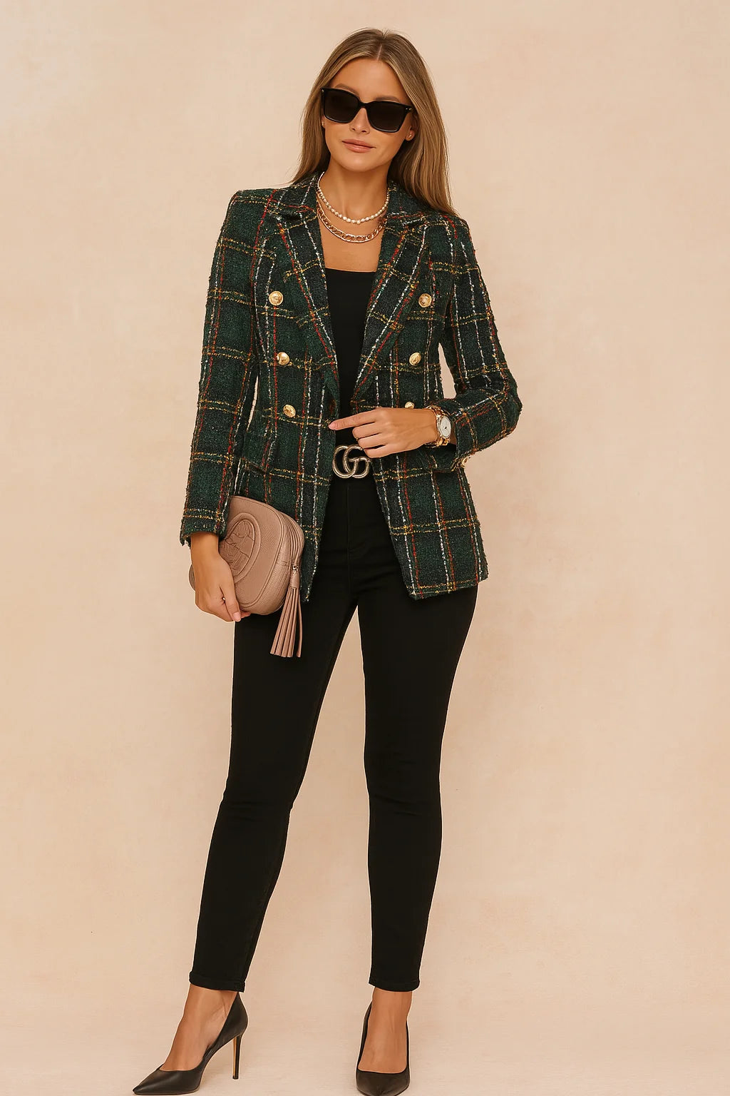 Dark Green Women's Checked Blazer Jacket — Yvonne Double-Breasted Tweed Professional - Front Full