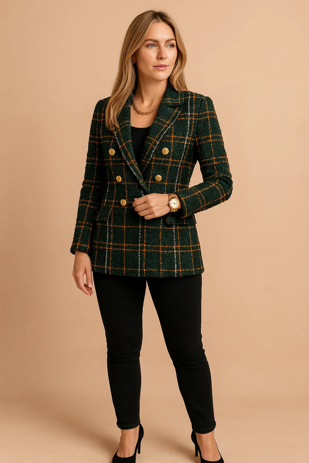 Dark Green Women's Checked Blazer Jacket — Yvonne Double-Breasted Tweed Professional - Front Pose