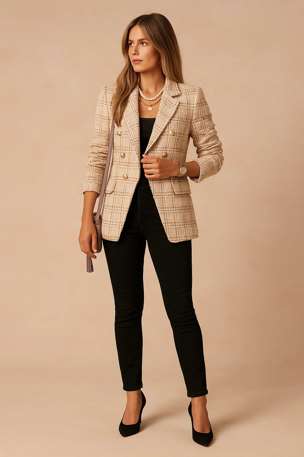 Khaki Women's Checked Blazer Jacket — Yvonne Double-Breasted Tweed Professional - Front Studio