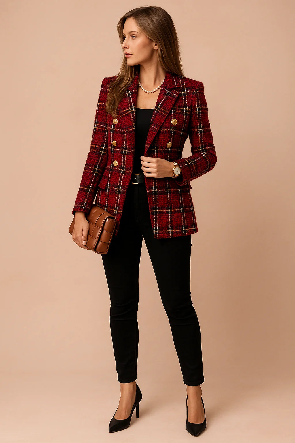 Red Women's Checked Blazer Jacket — Yvonne Double-Breasted Tweed Professional - Wine Side Pose