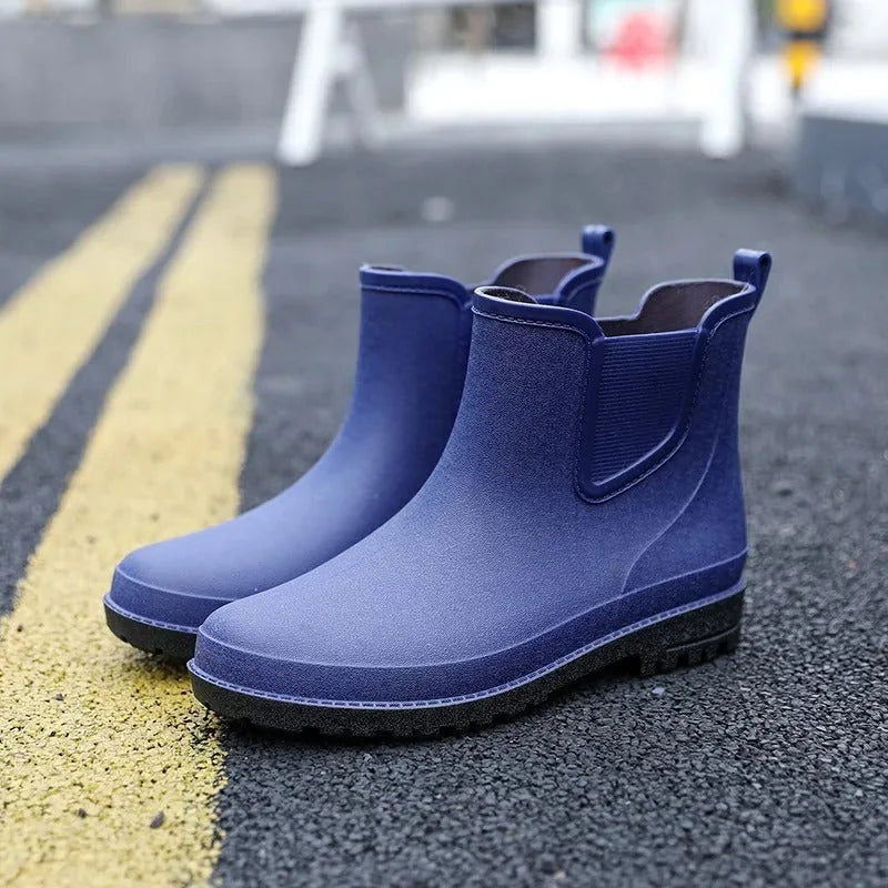 Blue Men's Waterproof Rain Boots — Edward Slip-On Non-Slip - Side Pose