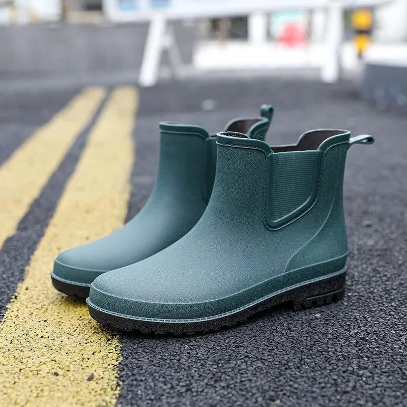 Green Men's Waterproof Rain Boots — Edward Slip-On Non-Slip - Front Full
