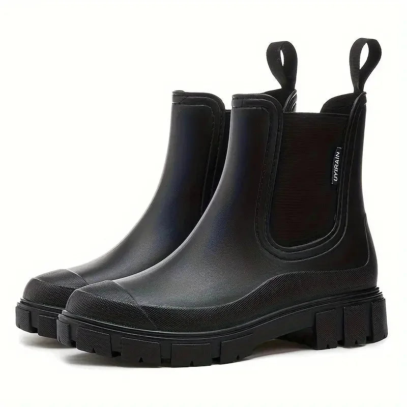 Black Women's Waterproof Rain Boots — Kennedy Slip-On Lug-Sole Pull-Tab - Matte Pair