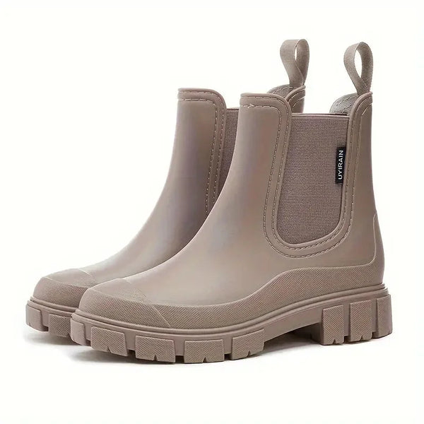 Brown Women's Waterproof Rain Boots — Kennedy Slip-On Lug-Sole Pull-Tab - Front Three Quarter