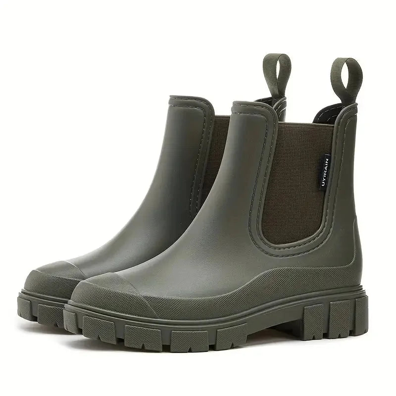 Green Women's Waterproof Rain Boots — Kennedy Slip-On Lug-Sole Pull-Tab - Outdoor Style Pose