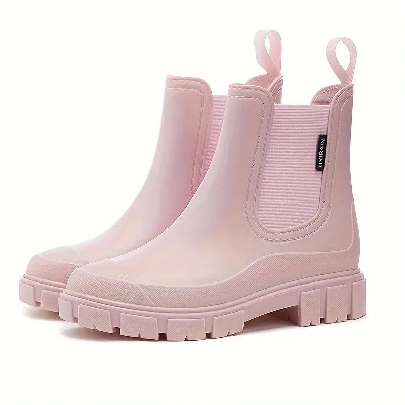 Pink Women's Waterproof Rain Boots — Kennedy Slip-On Lug-Sole Pull-Tab - Front Pair View
