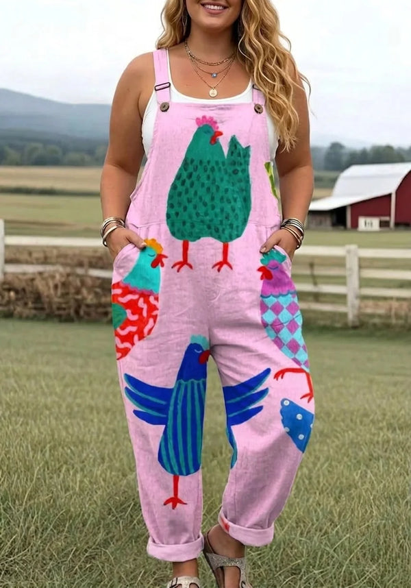 Pink Women's Pink Chicken Print Jumpsuit — Brittany Buckle-Strap Wide-Leg Pockets - Front Full