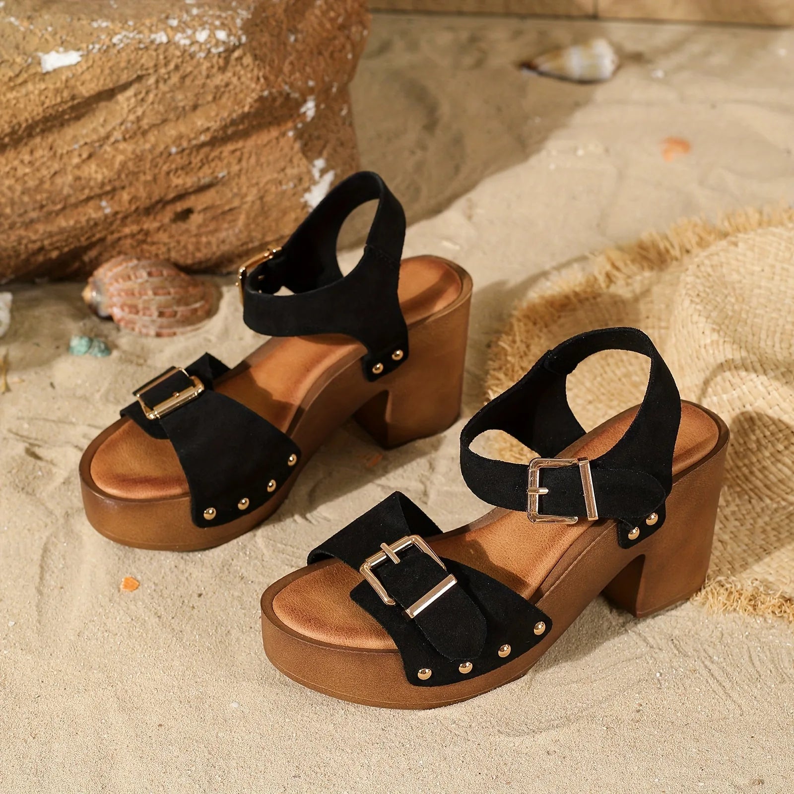 Penelope | Stylish Chunky Heel Wedge Sandals with Buckles