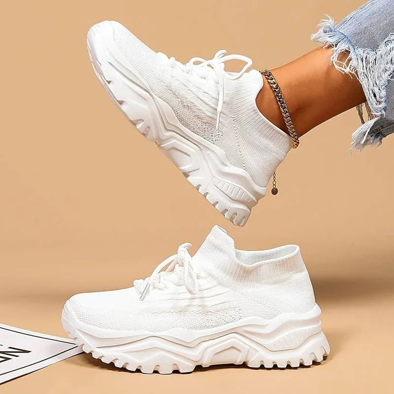 Biay Women's Chunky Orthopedic Walking Sneakers — Hattie Cushioned Lace-Up Platform - Action Lift Pose