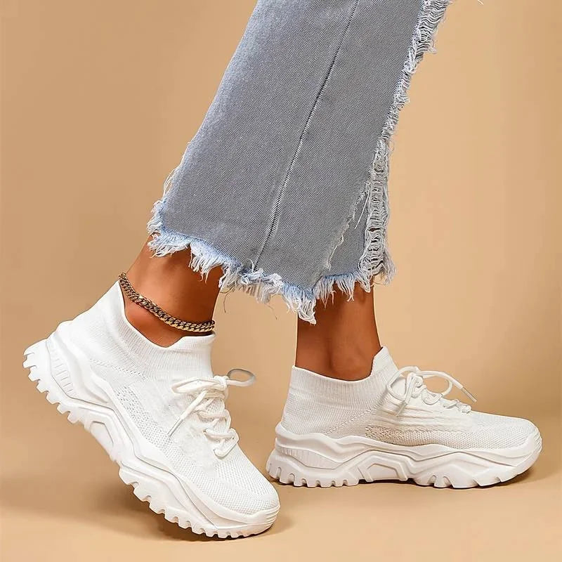 Biay Women's Chunky Orthopedic Walking Sneakers — Hattie Cushioned Lace-Up Platform - Front Full Pose