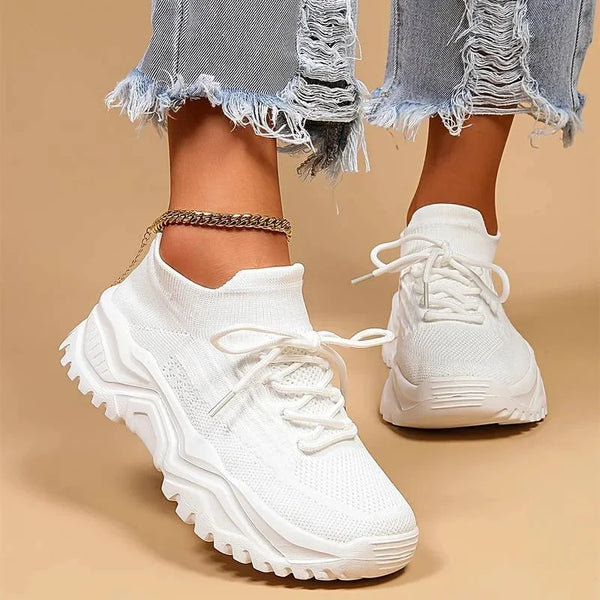Biay Women's Chunky Orthopedic Walking Sneakers — Hattie Cushioned Lace-Up Platform - Model Walking