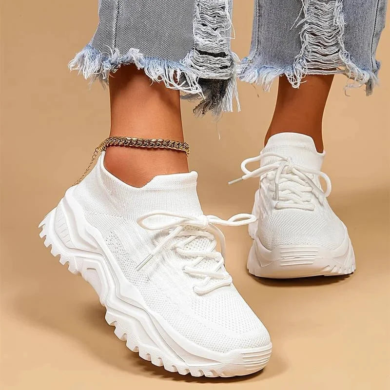 Biay Women's Chunky Orthopedic Walking Sneakers — Hattie Cushioned Lace-Up Platform - Model Walking