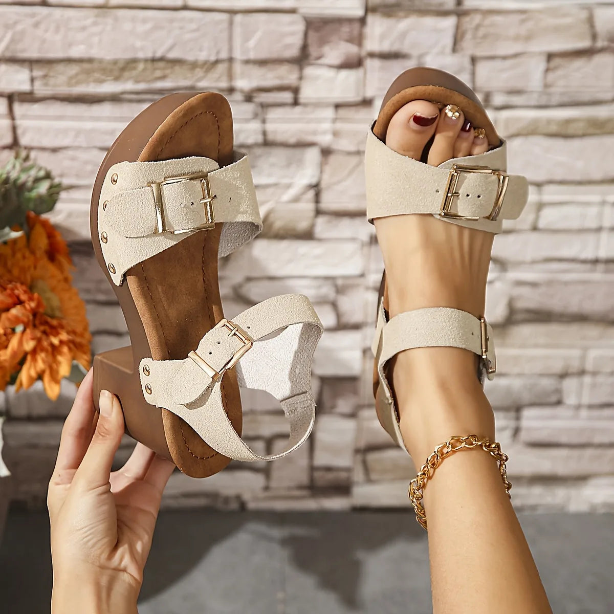 Emma | Chunky Platform Wedge Sandals with Double Buckle