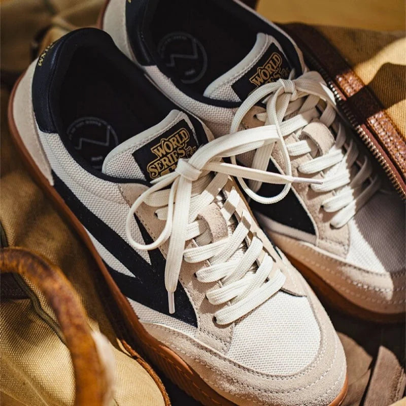 Beige Men's Classic Retro Sneakers with Suede Overlays & Gum Sole — Oscar - Flat Lay Top