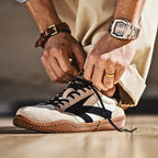 Beige Men's Classic Retro Sneakers with Suede Overlays & Gum Sole — Oscar - Lacing Detail