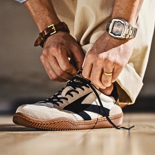Beige Men's Classic Retro Sneakers with Suede Overlays & Gum Sole - Lacing Detail
