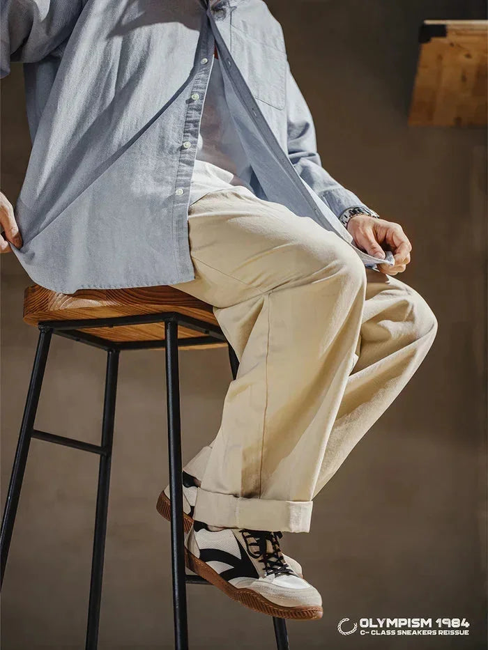 Beige Men's Classic Retro Sneakers with Suede Overlays & Gum Sole — Oscar - Seated Lifestyle
