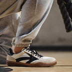 Beige Men's Classic Retro Sneakers with Suede Overlays & Gum Sole — Oscar - Side Worn Action