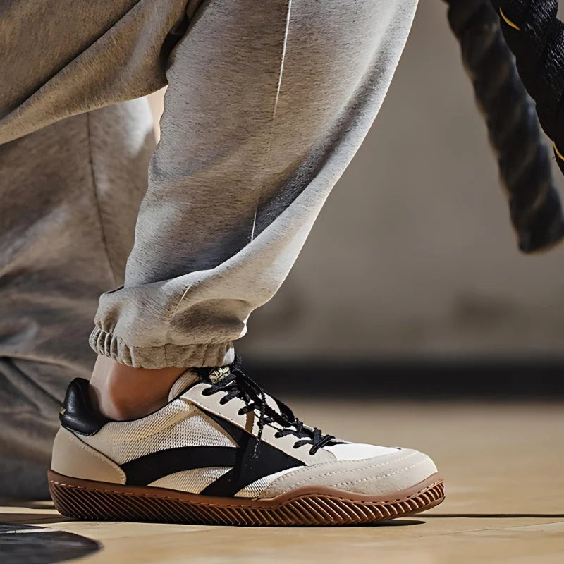 Beige Men's Classic Retro Sneakers with Suede Overlays & Gum Sole — Oscar - Side Worn Action