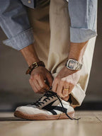 Beige Men's Classic Retro Sneakers with Suede Overlays & Gum Sole — Oscar - Tying Laces Close Up