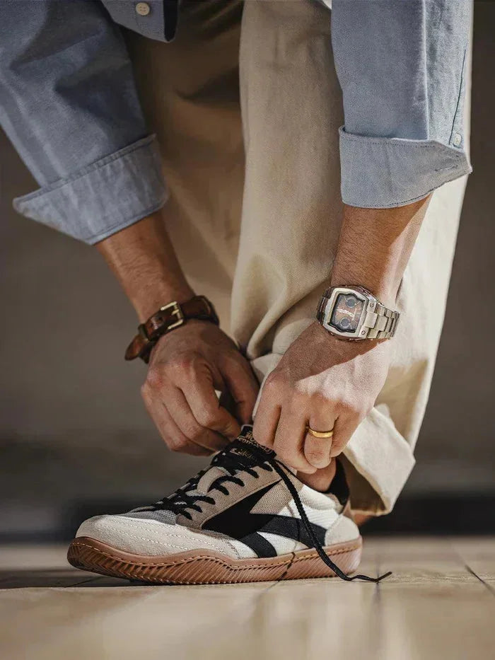 Beige Men's Classic Retro Sneakers with Suede Overlays & Gum Sole — Oscar - Tying Laces Close Up