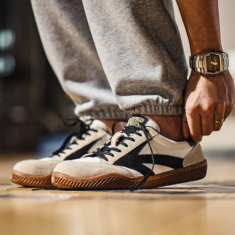 Beige Men's Classic Retro Sneakers with Suede Overlays & Gum Sole — Oscar - Worn Lifestyle Front