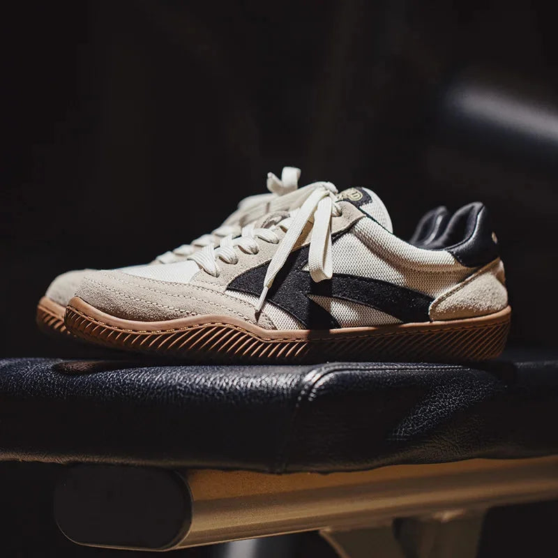 Beige Men's Classic Retro Sneakers with Suede Overlays & Gum Sole — Oscar