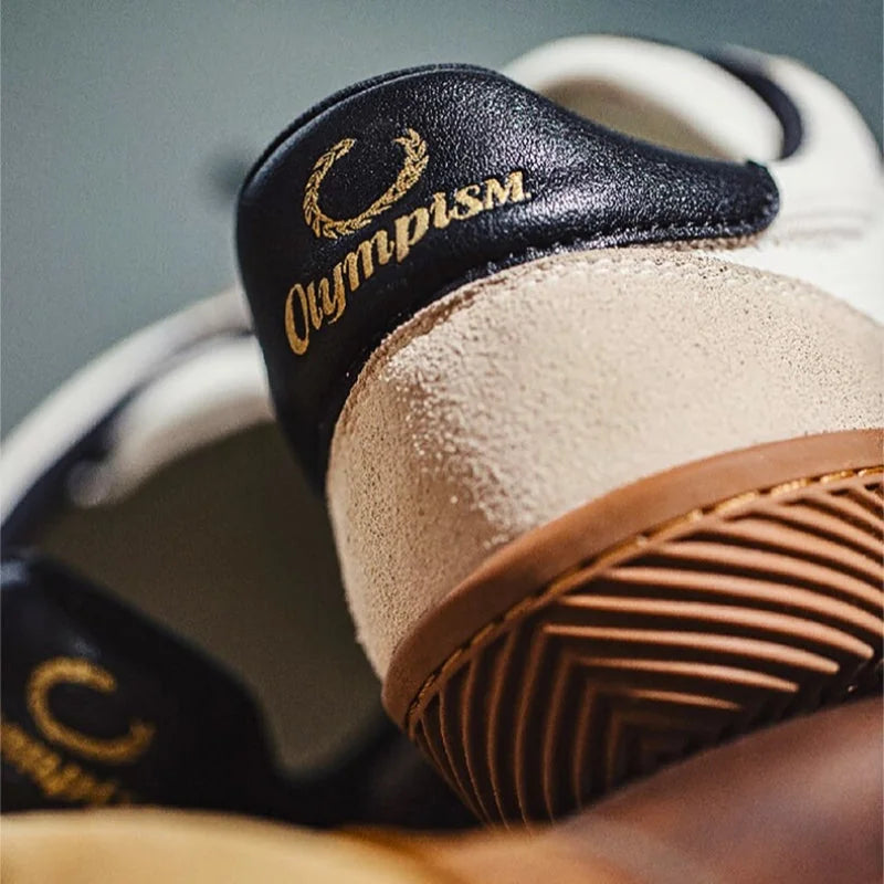 Black Men's Classic Retro Sneakers with Suede Overlays & Gum Sole — Oscar - Heel Tab Close Up