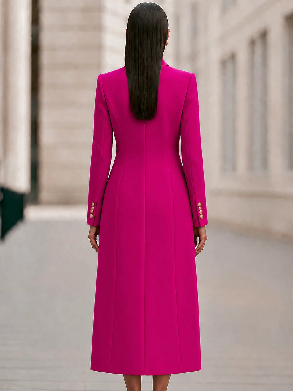 Rose Red Women's Double-Breasted Coat Dress Set with Belted Knit Midi Dress - Back Full
